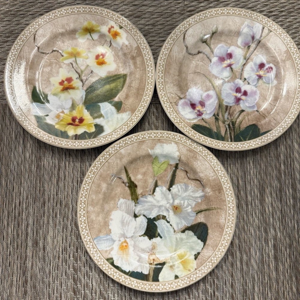 Set of 3 American Atelier Botanical Plates Tropical Flowers Designs-porcelain